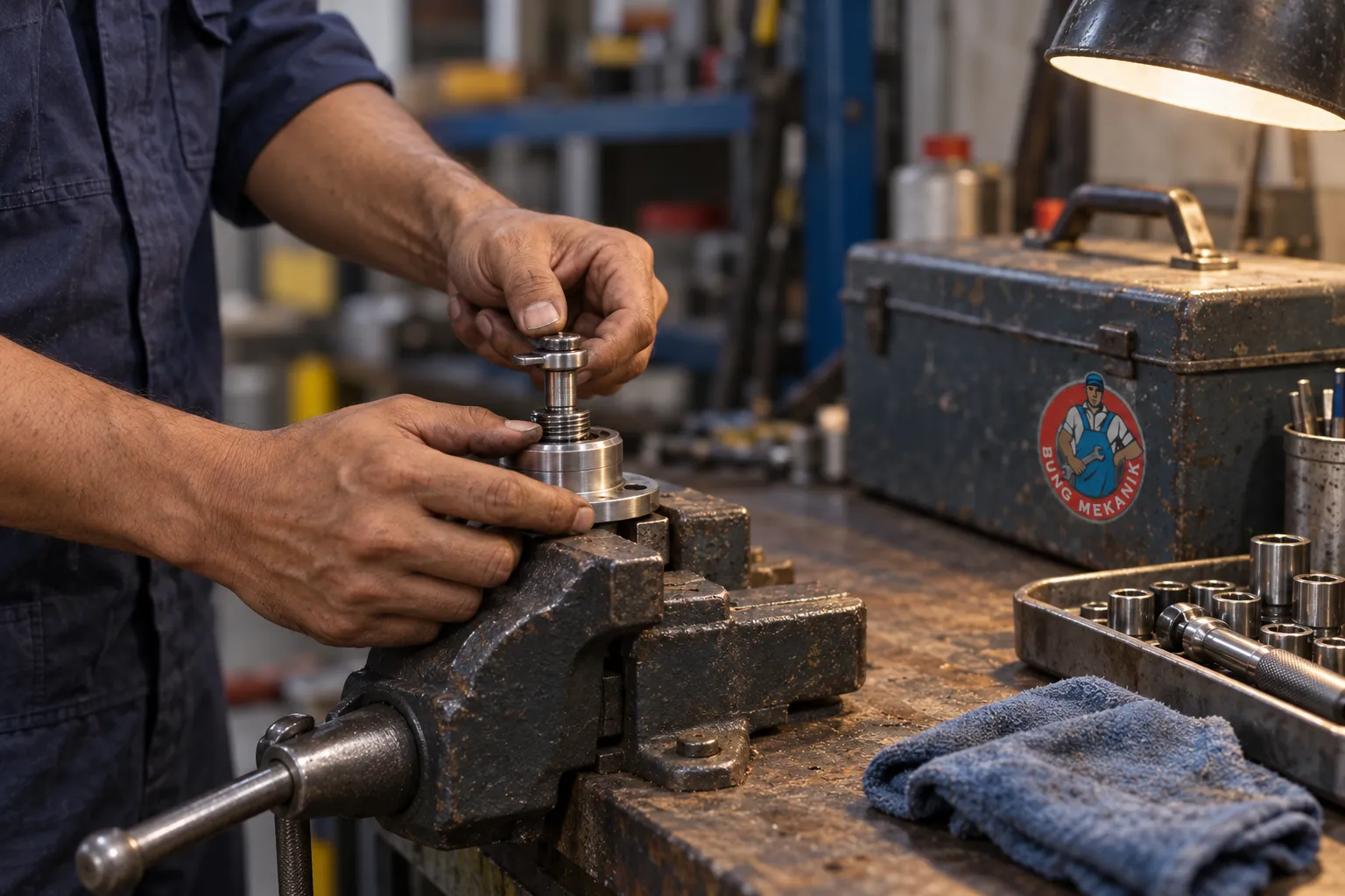 Tangan mekanik memeriksa komponen pada meja kerja workshop.