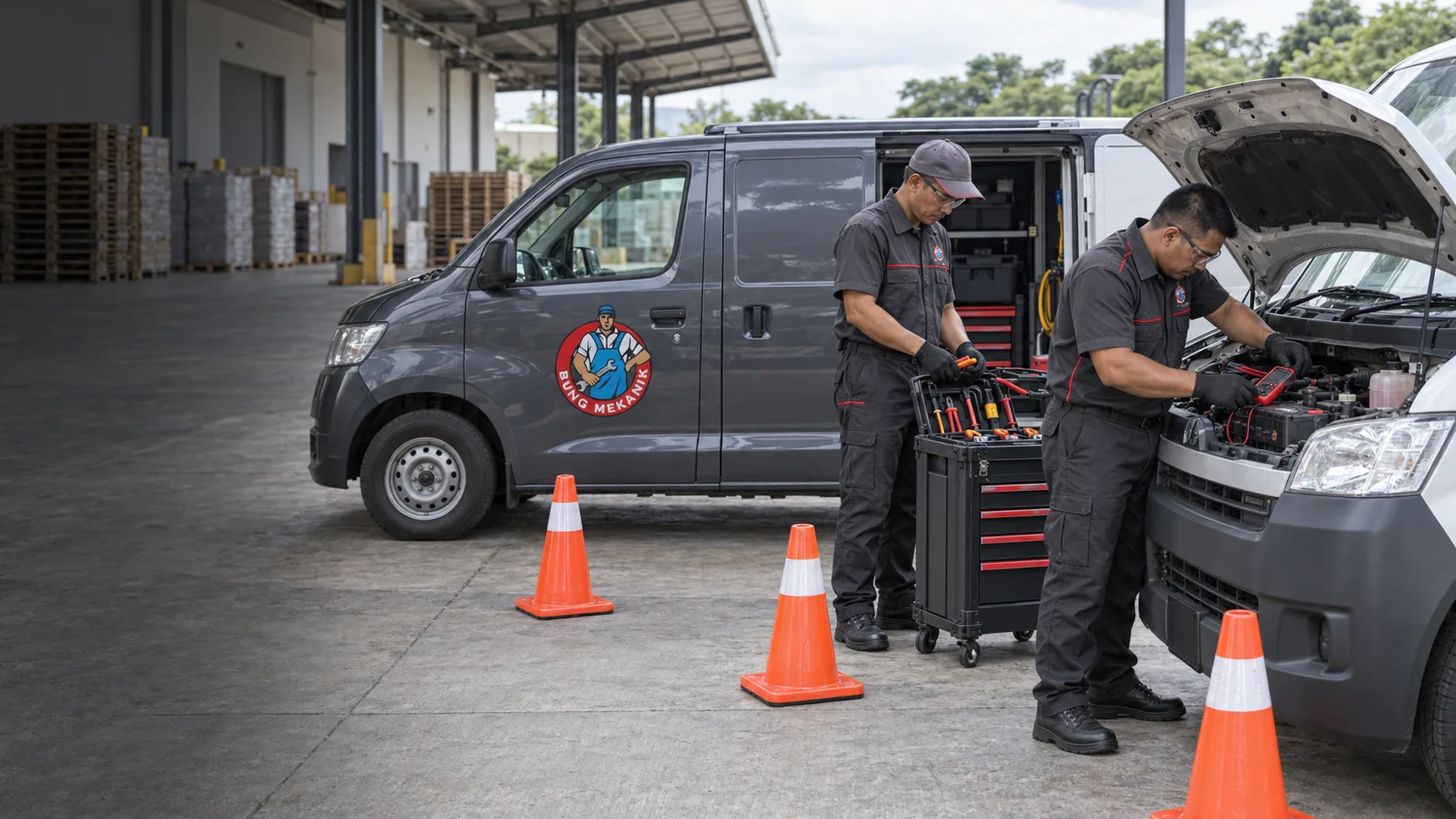Tim mobile service memeriksa sistem kelistrikan kendaraan di area operasional pelanggan.