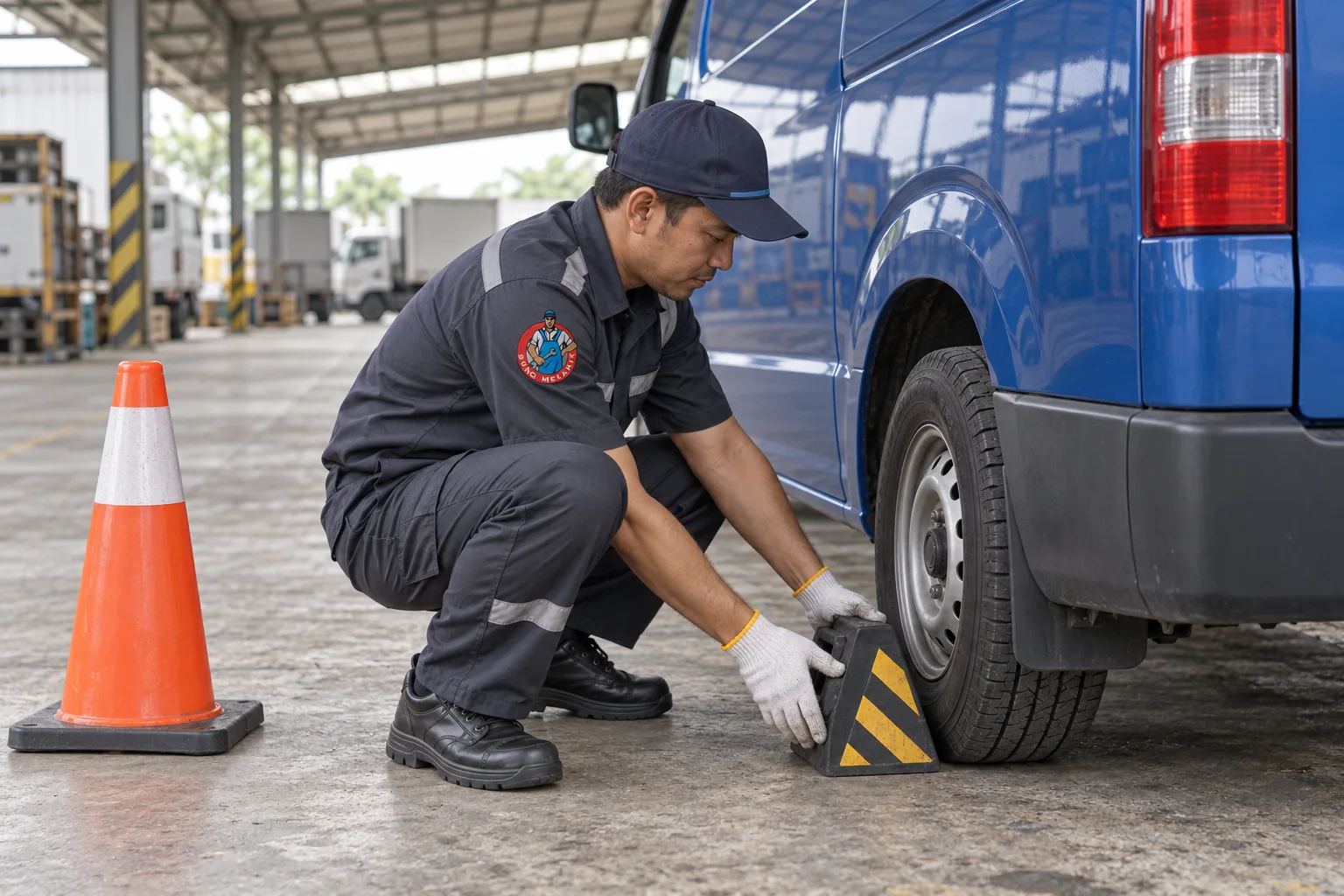 Teknisi menempatkan wheel chock untuk menyiapkan area kerja di samping kendaraan niaga.