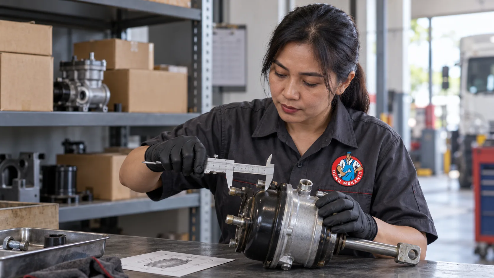 Parts specialist memverifikasi dimensi komponen pada area penanganan suku cadang.
